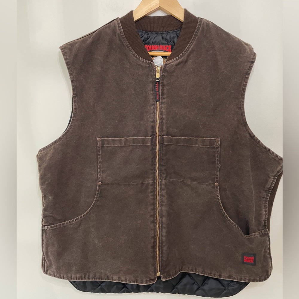 Vtg Tough Duck Work Vest Brown Canvas Quilted Liner Workwear Pocketed Men’s 2XL